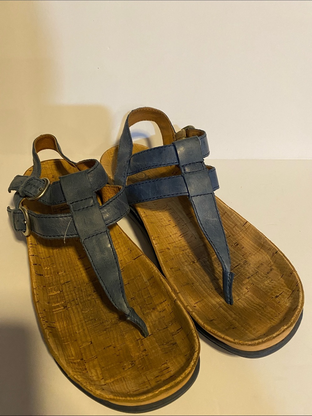 Born Navy Leather T-Strap Cork Sole Sandals